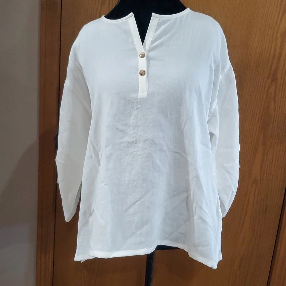 Fridaze linen avant-garde tunic button detail long sleeve top off white